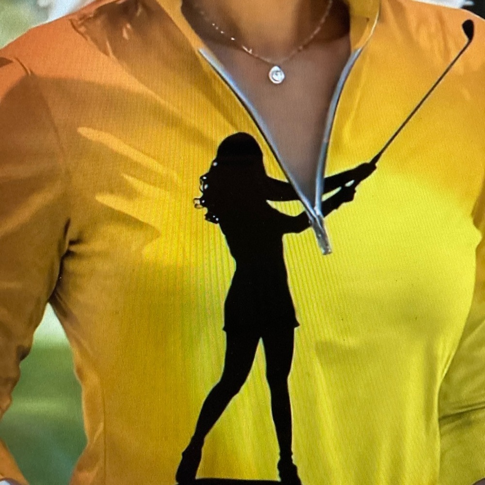 Figure print of lady golfer polo shirt zipper front collar New Unworn